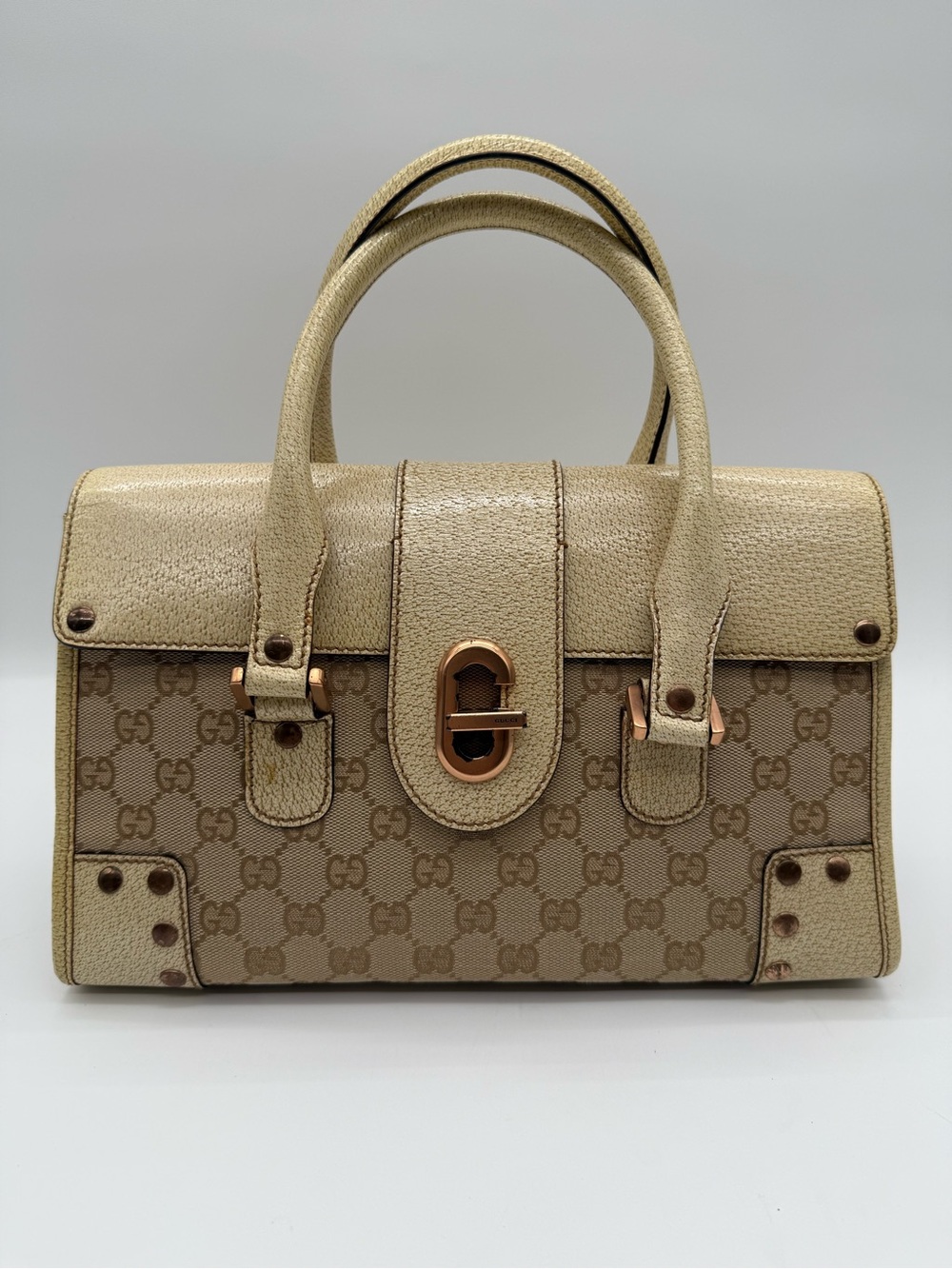 Gucci Beige GG Cream Canvas Leather Turnlock Handbag Vintage